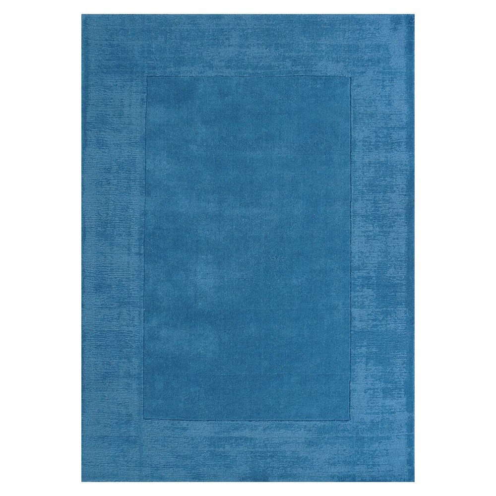 Handloom Plain Carved Border Wool Rugs in Teal Blue